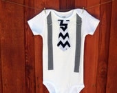 Baby Boy Tie Onesie or Shirt with Suspenders - Black and White Chevron Print  - Size nb to 12 yrs