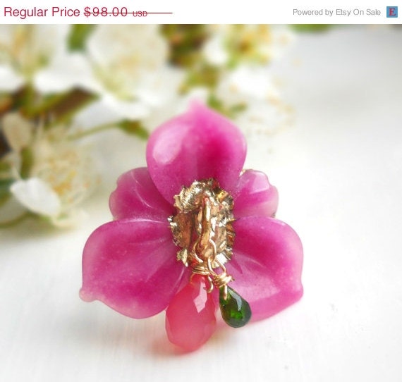 50% OFF SALE Gold dipped hand carved flower, chalcedony and chrome diopside statement ring