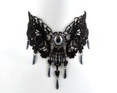 Black Venetian Lace Choker Necklace with Hematite Stone and Drops (gothic, goth, jewelry, romantic, women, bib, renaissance, victorian)