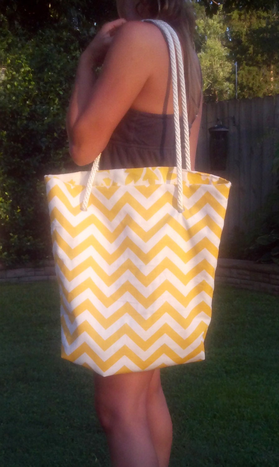 REVERSIBLE Yellow and White Chevron Tote