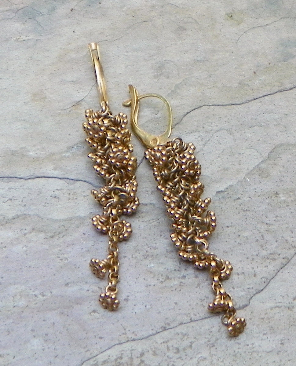 Golden Woodland Wisteria Flower Dangle Earrings