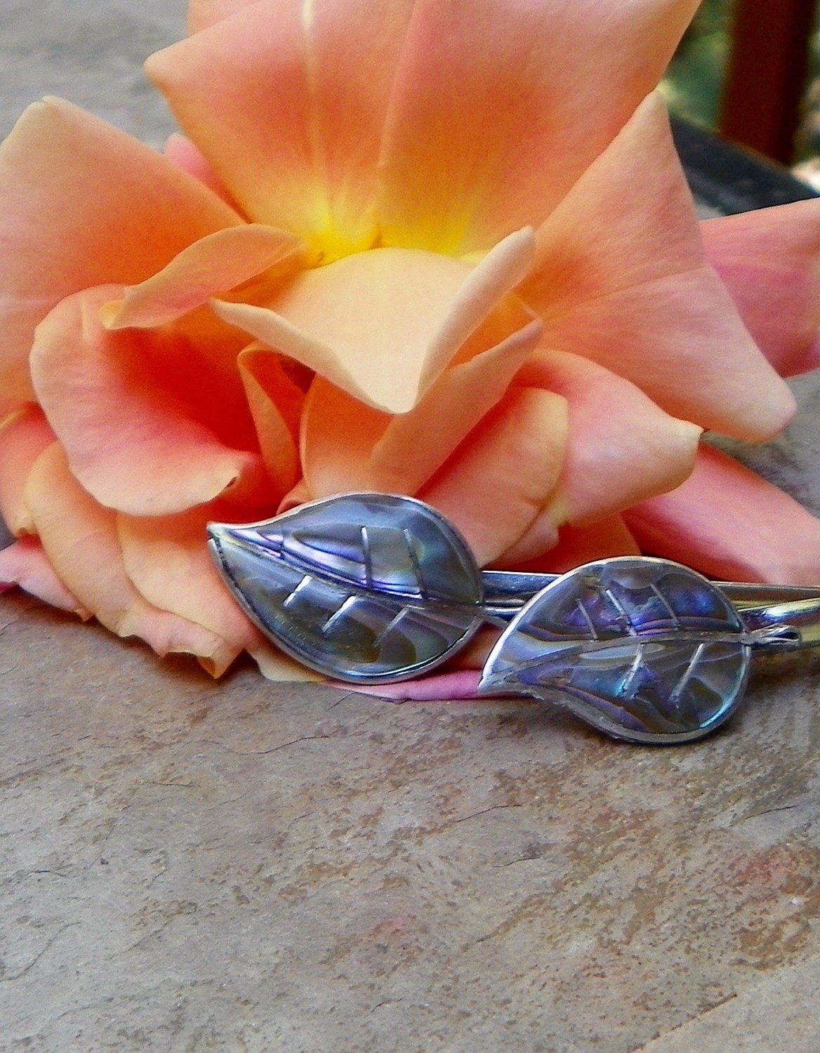 Unique Bohemian Boho Hippie Sterling Silver Abalone Hair Pins, Vintage Mexico Recycled