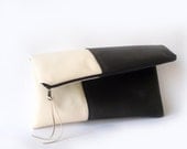 Foldover clutch purse ,Black and cream vegan leather