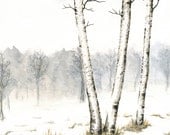 Winter Landscape Painting, Original Birch Trees Watercolor Landscape, Winter Birches Art, Winter Trees, Gray Sky, Snow, Watercolor 10" X 8"