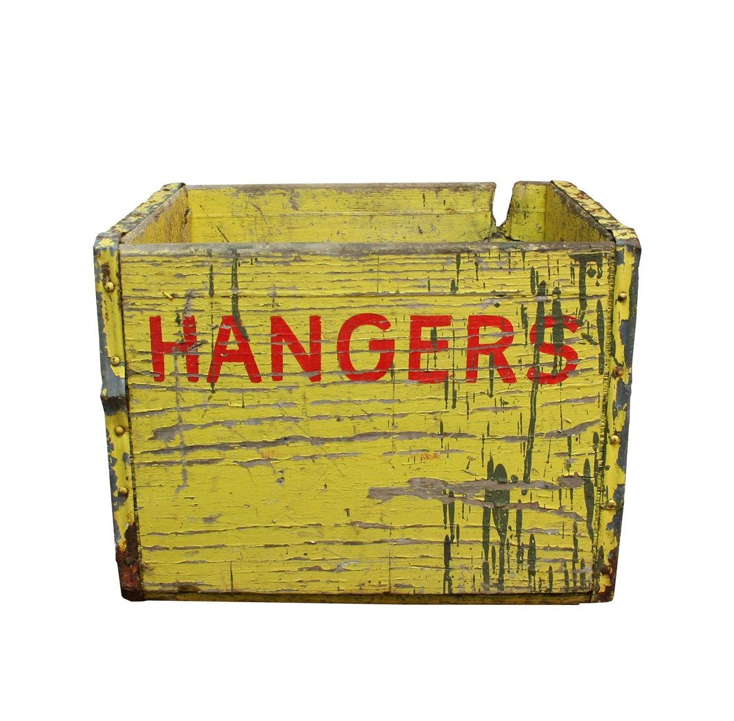 Vintage Industrial Yellow Wooden Crate -- Hangers Hardware Box