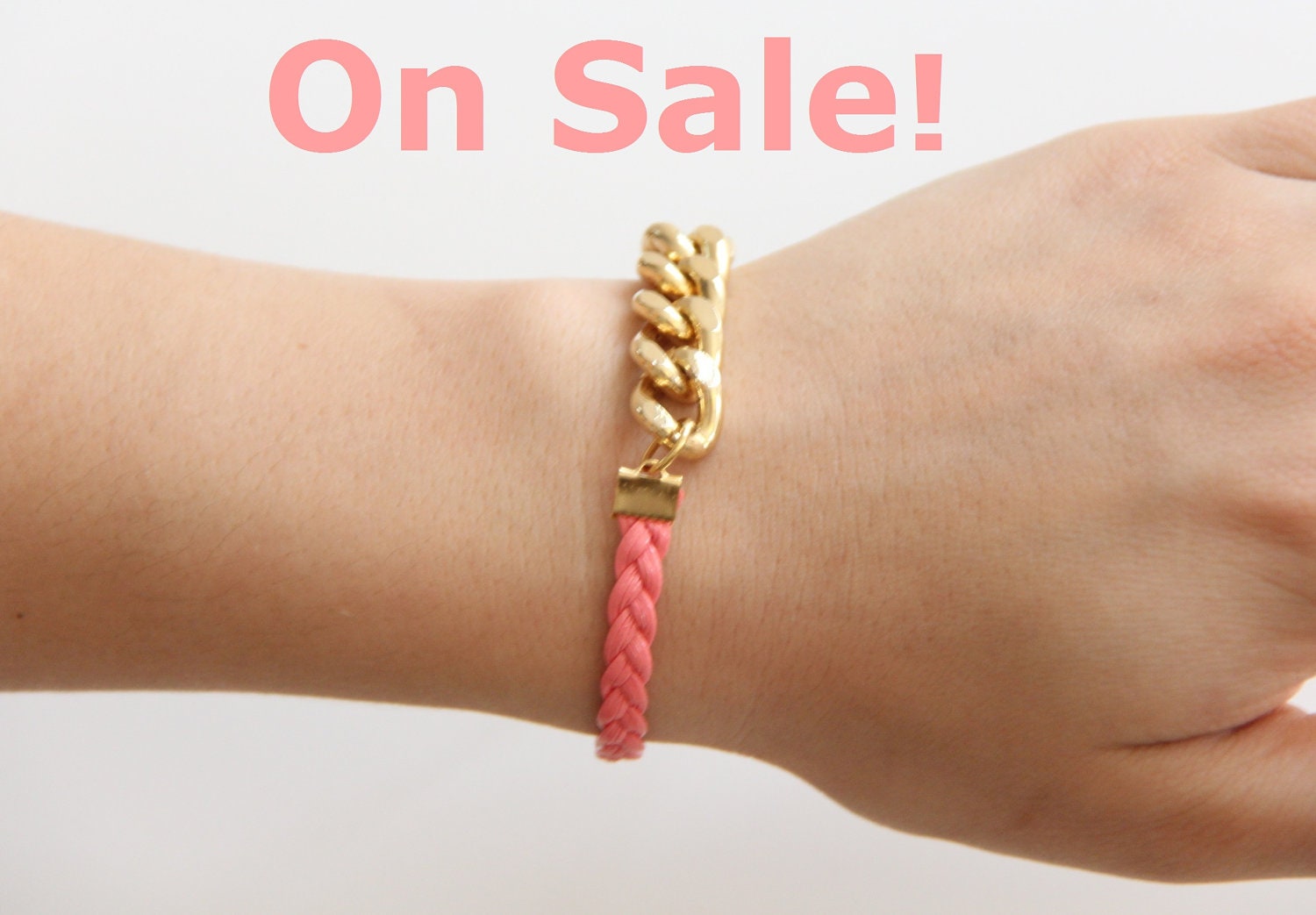 Pink Arm Candy - Gold chunky chain with leather braid Bracelet - 24k gold plated