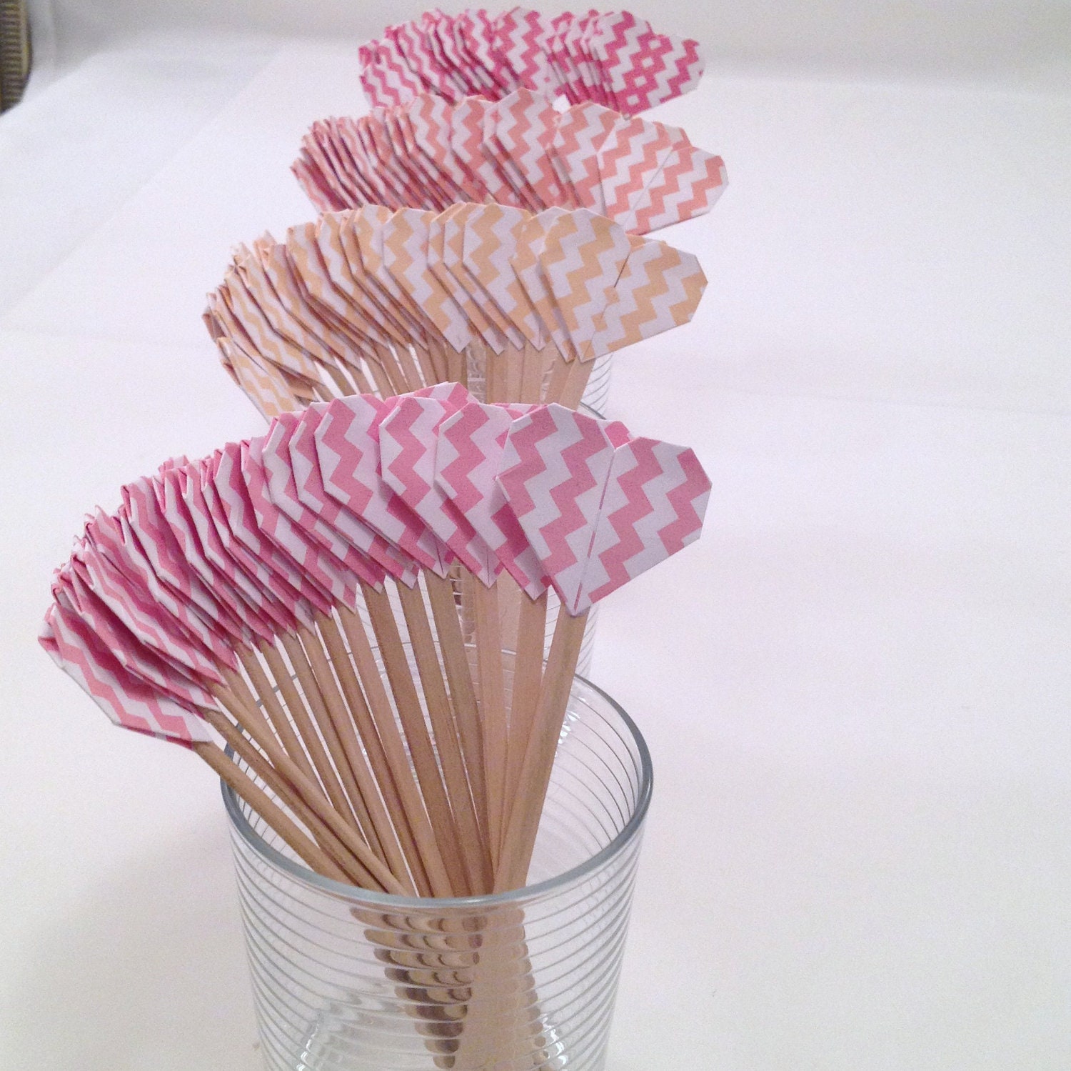 Origami Hearts Drink Stirrers, Party Picks, Wedding Cupcake Toppers, Chevron print - sets of 20