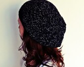 black slouch beanie hat with glitter silver lace