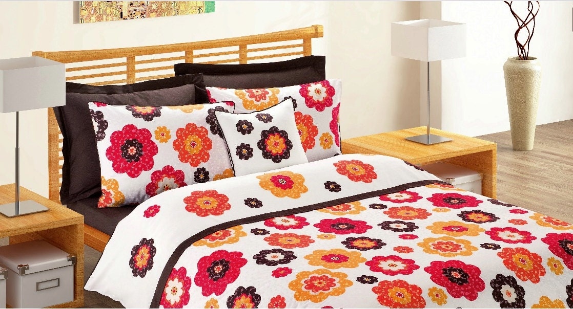 Custom Queen Size Coral Fire Red Pumpkin Orange Brown Daisy Appliqued Bedding Set  with Brown Sheet and 4 pillows , 6 pcs
