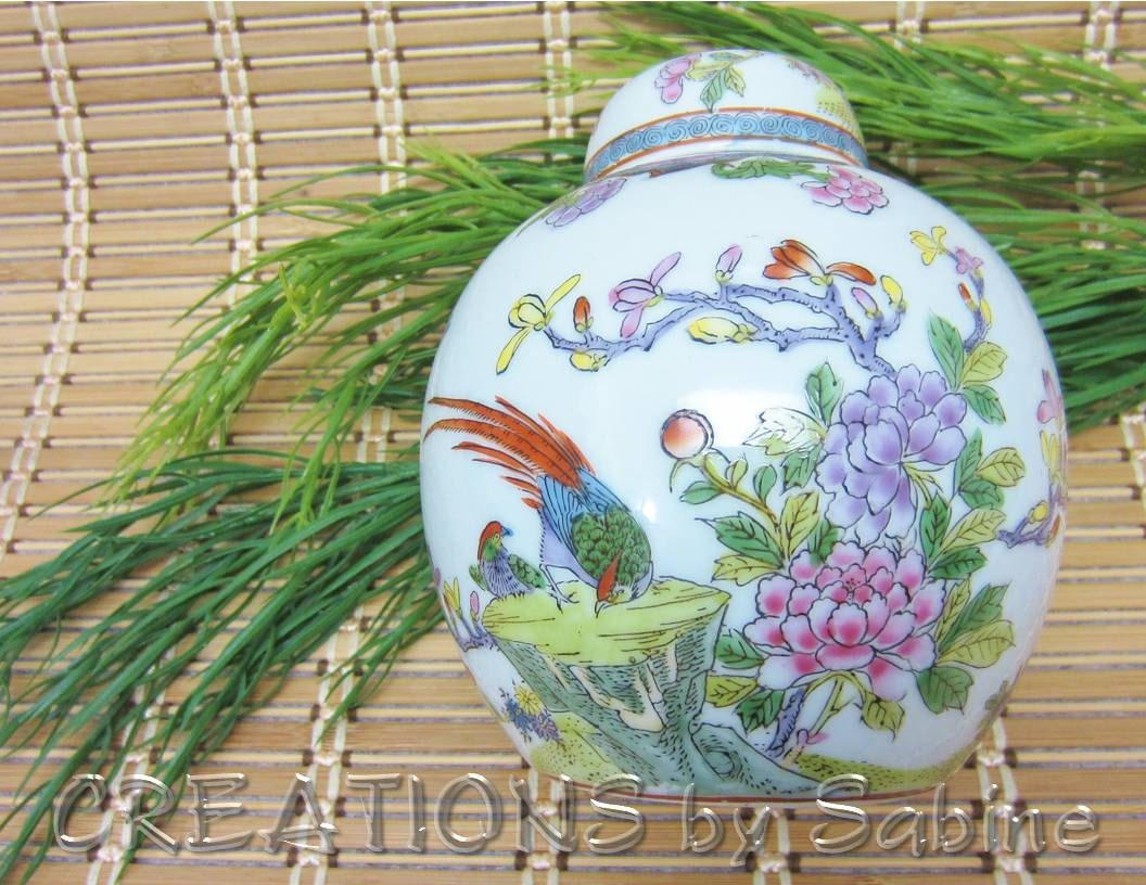 Macau Temple Jar, Vase, Container, Urn, Peonies, Magnolia Flowers, Birds, Butterflies, Tree, Asian Vintage FREE SHIPPING