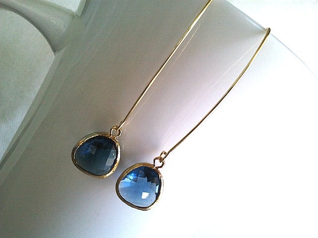Sapphire Blue Linear Simple Gold Earrings Drop, Dangle, Glass Earrings, bridesmaid gifts,Wedding jewelry- SILVER OR GOLD,Sapphire Blue