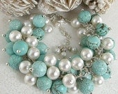 Turquoise White Pearl Cluster Statement Bracelet