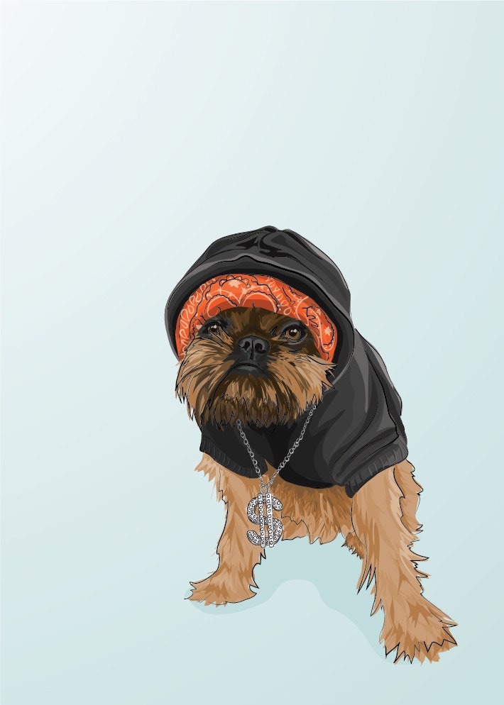 Gangsta Digby Van Winkle Griffon Dog Portrait - Blue Illustrated Print - 8 x 10 Archival Matte