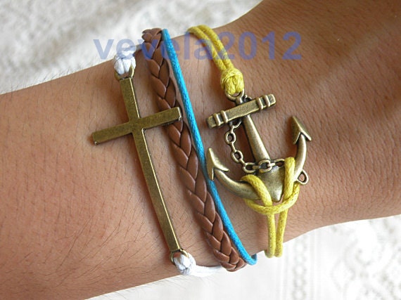 God's blessing bracelet,bronze anchor bracelet,cross bracelet,Knitting leather bracelet,A--158