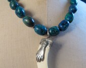 Choker with Antique Silver Mexican Hand Milagro on Large Ivory Tusk with Blue Azurite Beads