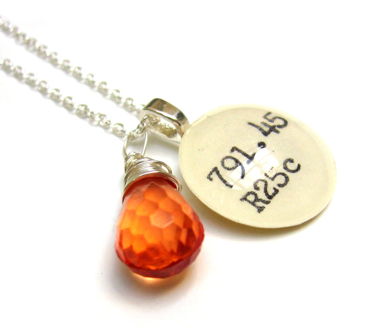 Faceted Tangerine Orange Acrylic Drop Dewey Decimal Vintage Card Catalog Sterling Silver Necklace