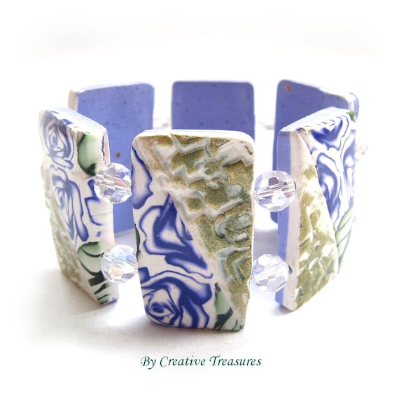 Blue Rose Polymer Clay Tile Bracelet