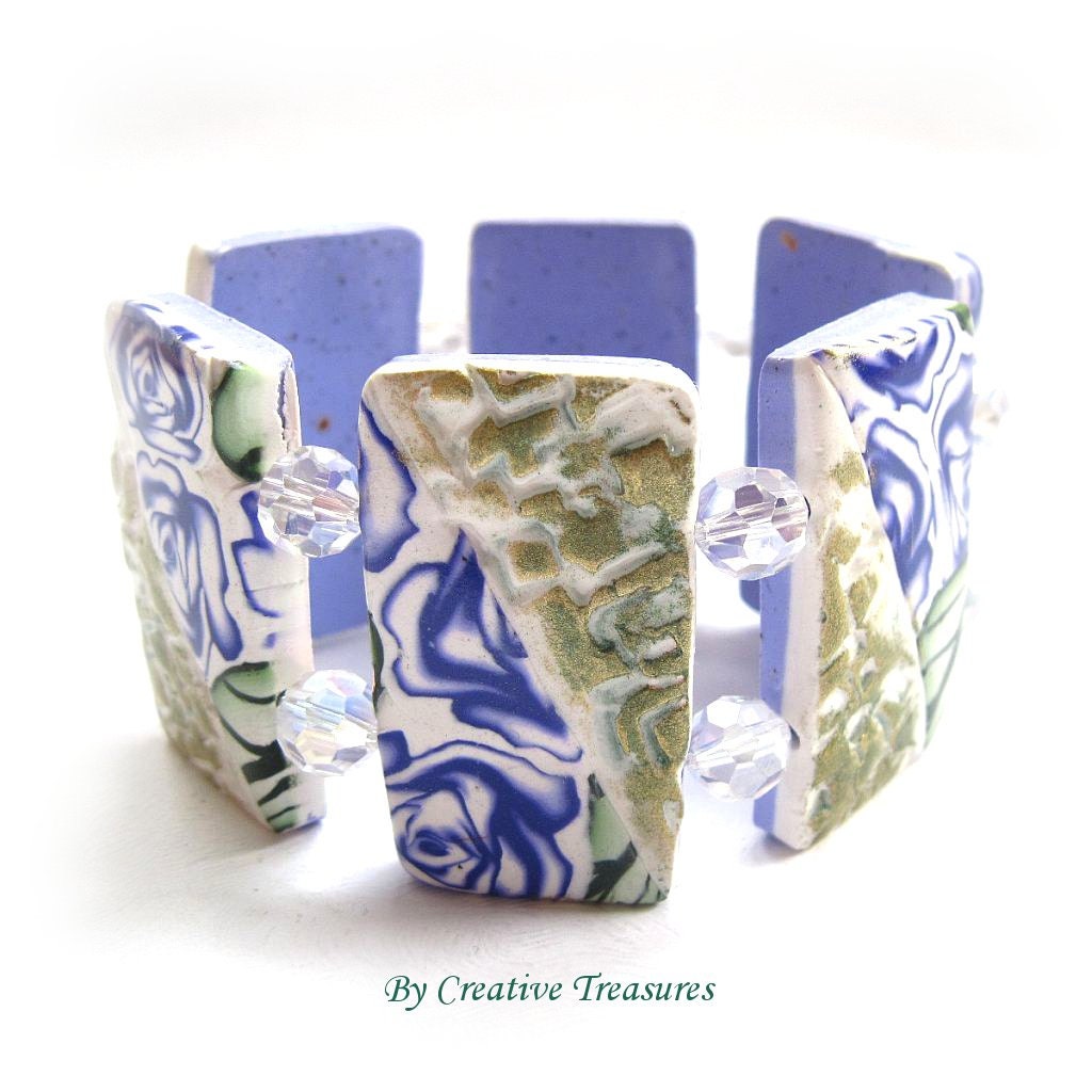 Blue Rose Polymer Clay Tile Bracelet