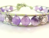 Amethyst Bracelet, Leather Bracelet, Gemstone Bracelet, Swarovski Crystal Bracelet, Womens Leather Wrap, Rhinestone Button, Purple and Green - diamondggems