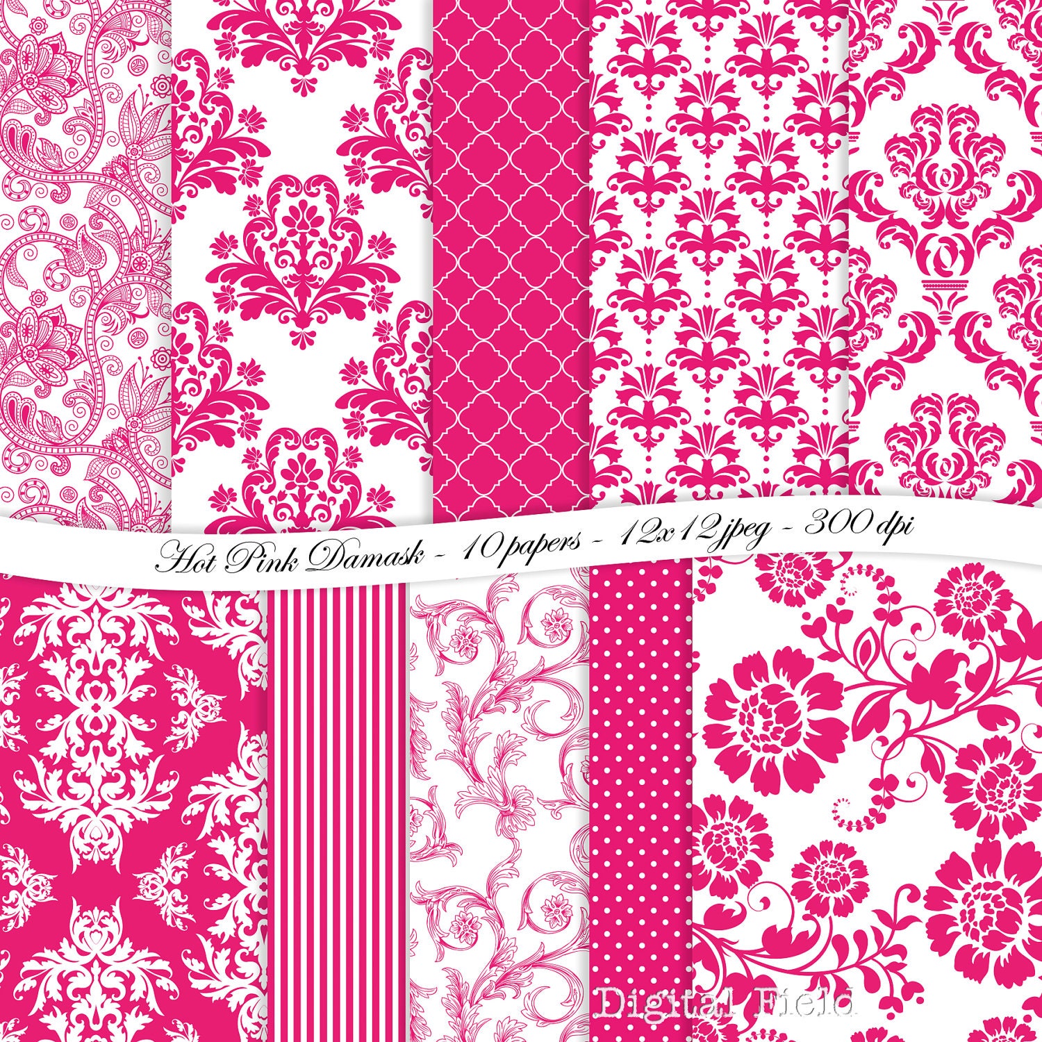 INSTANT DOWNLOAD Hot Pink Damask digital scrapbooking paper pack -10 printable jpeg papers, 12x12, 300 dpi