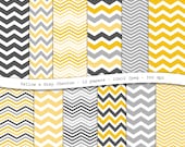 INSTANT DOWNLOAD Yellow and Gray Chevron digital scrapbooking paper pack - 12 printable jpeg papers, 12x12, 300 dpi