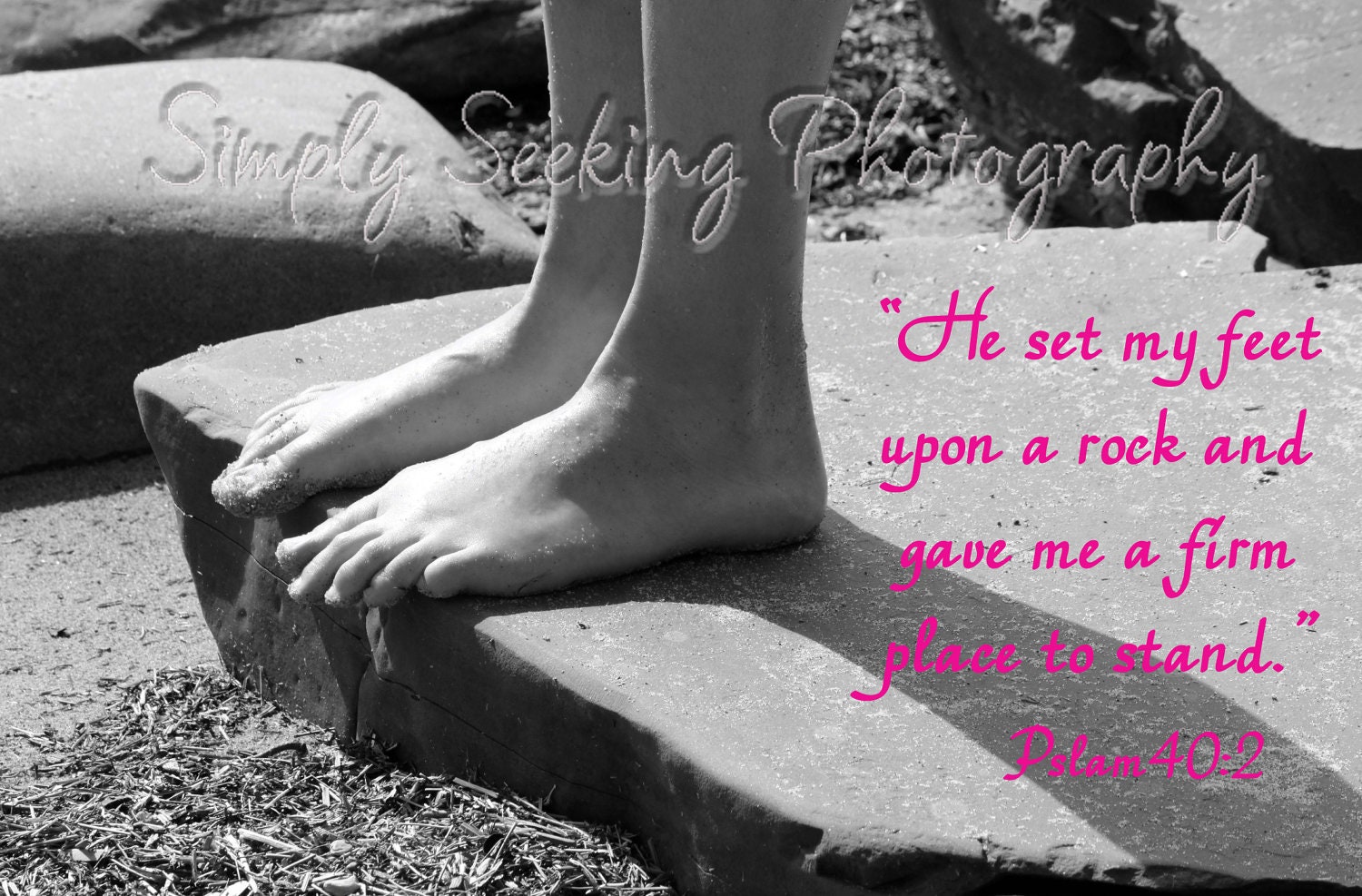 He set my feet upon a rock..."-black & white 5X7 art print- dark raspberry Bible verse-feet standing on a beach rock