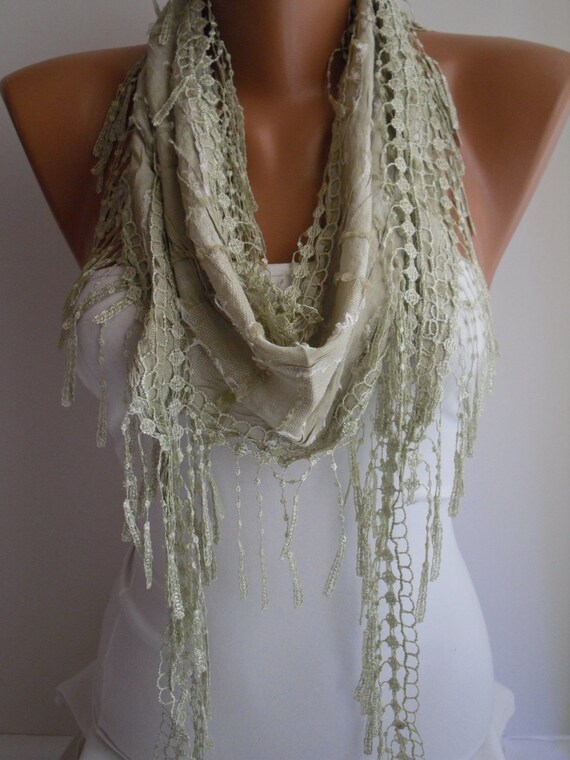 Light Green Shawl and Scarf Headband - Cowl with Lace EdgeSummer Trends