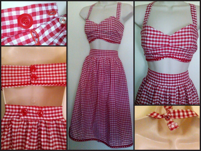 RESERVED for misslilyflower- Halter Bra Top and Skirt Set -Vintage 50's Reproduction- made from vintage 50's pattern