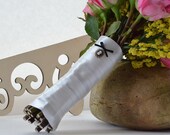 Vintage Inspired White Satin Bouquet Wrap with Stitching, Bow, and Button Detail