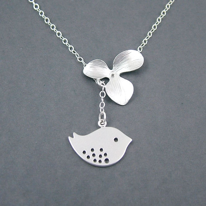 Bird Necklace, Sterling Silver Chain, Orchid and Bird Lariat