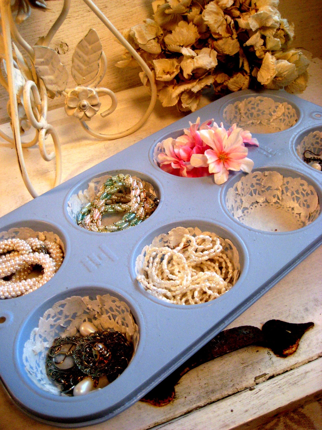 Re-purposed and Up scaled Vintage Muffin tin, jewelry display and storage, rustic finish, Chippy paint, cornflower blue, 7 x 14 inches