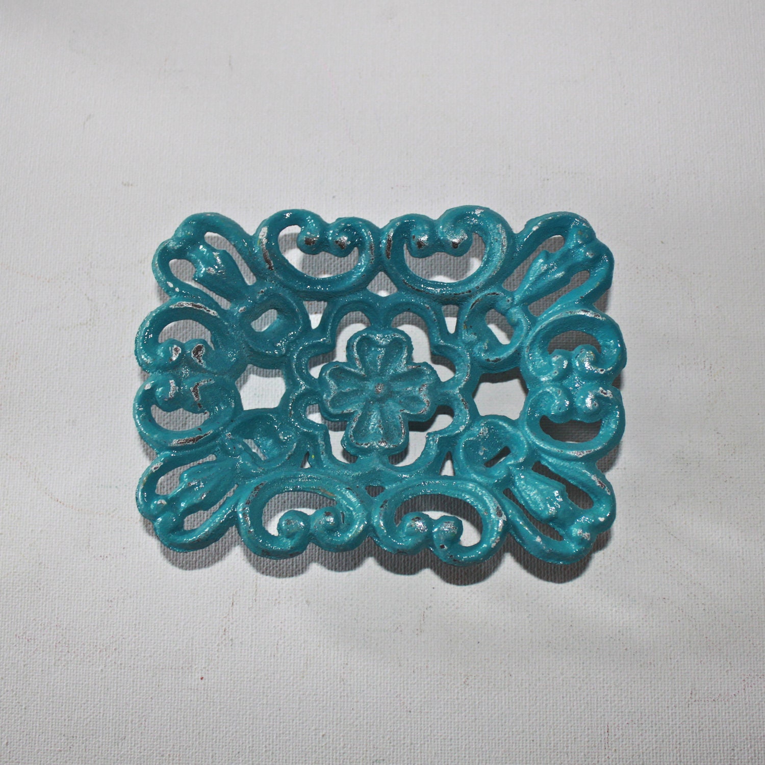 Turquoise Blue Business Card Holder/ Soap Dish/ Hand Painted Cast Iron/ Office, Desk, Bathroom, Kitchen Decor/ Decorative Shabby Chic