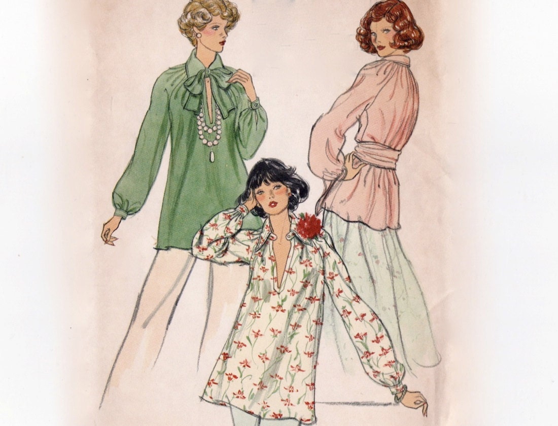 Vintage 1970s Sewing Pattern - Boho Style Peasant Blouse with Balloon Sleeves, Deep V Neck, and Sash - Vogue 9173, Bust 31.5