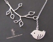 SALE, 10% OFF: Branch and bird lariat necklace in white gold, Bird necklace, branch necklace, bird pendant