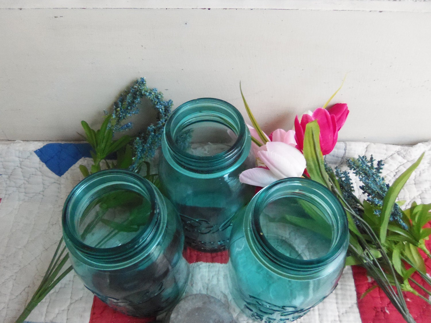 3 Vintage Aqua Blue Quart Sized Ball Perfect Mason Jars NO LIDS