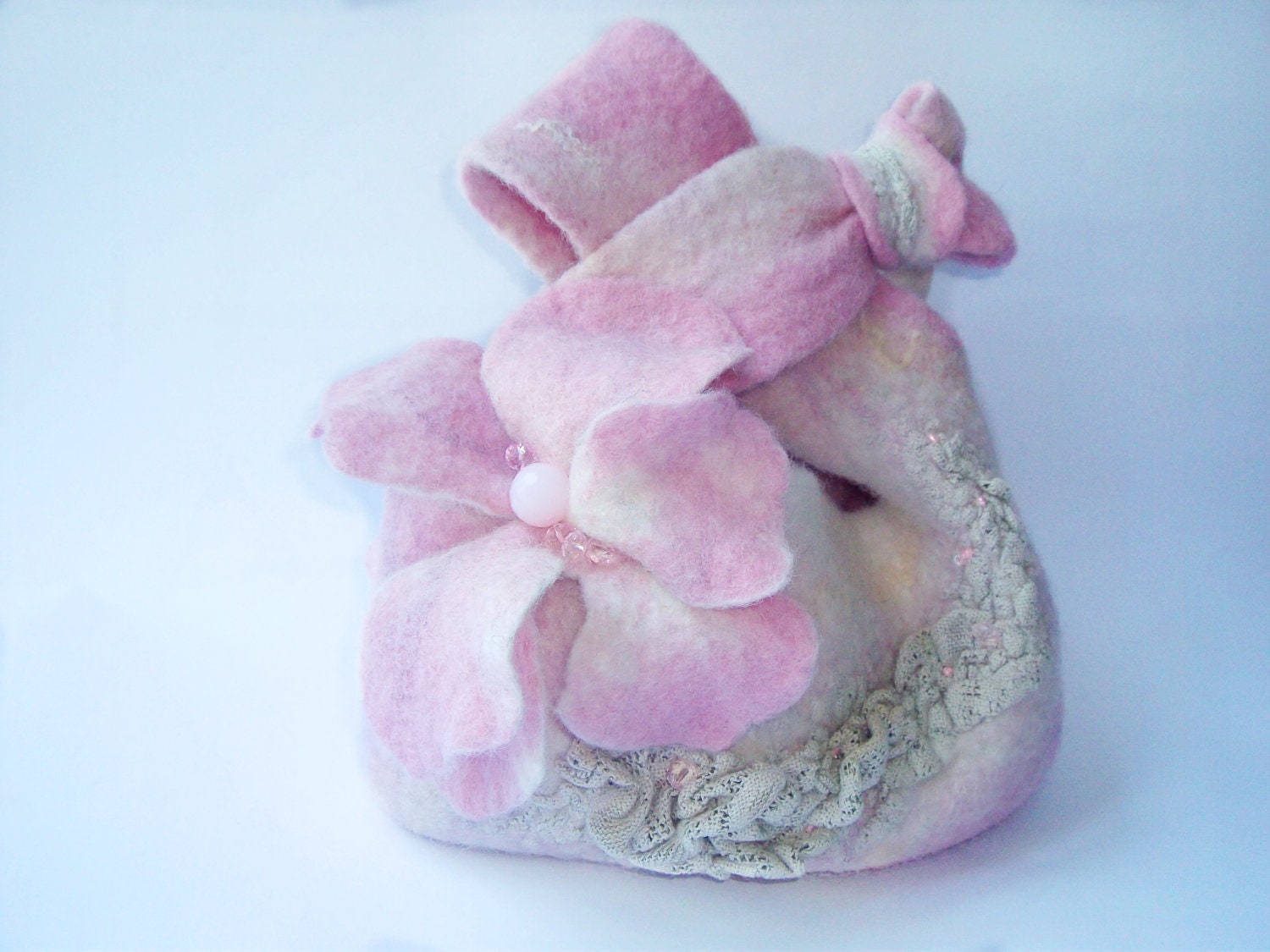 NunoFelted bag, Pink white and  gray  small bag, hand crafted bag, gift under 50