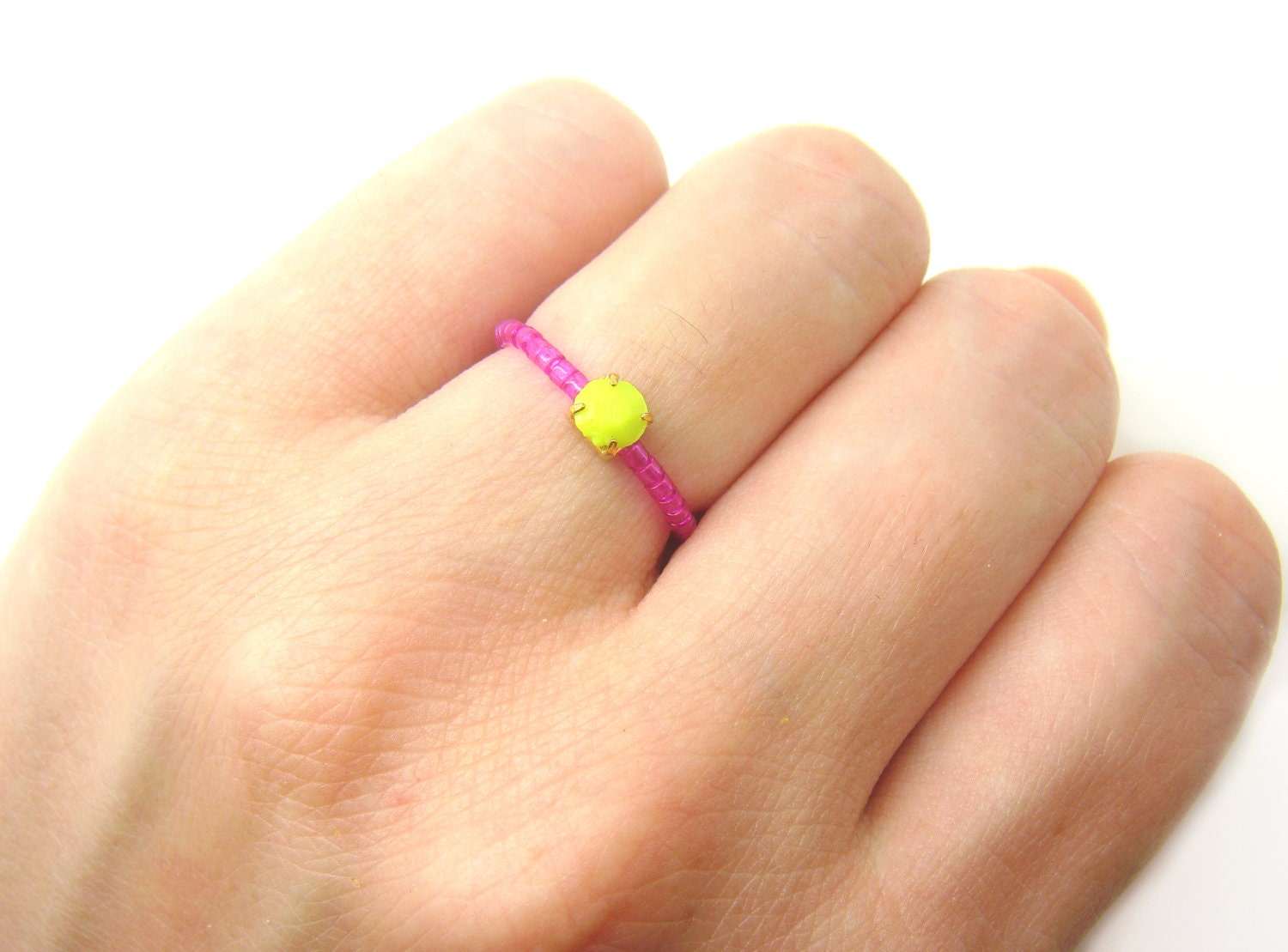 Fuchsia Beaded RING w/ Neon Yellow Rhinestone - Friendship Ring
