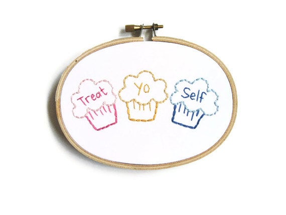 Treat Yo Self Embroidery Hoop Art : Parks and Rec TV Quote Hand Embroidered Cupcakes - Bright Colorful Home Decor
