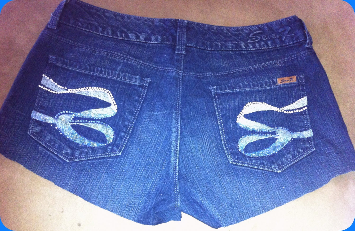 Silver and Blue Rhinestones Crystals Blue Denim Jean Shorts Shorts High Waisted Distressed Upcycled Silver and Blue Size 31
