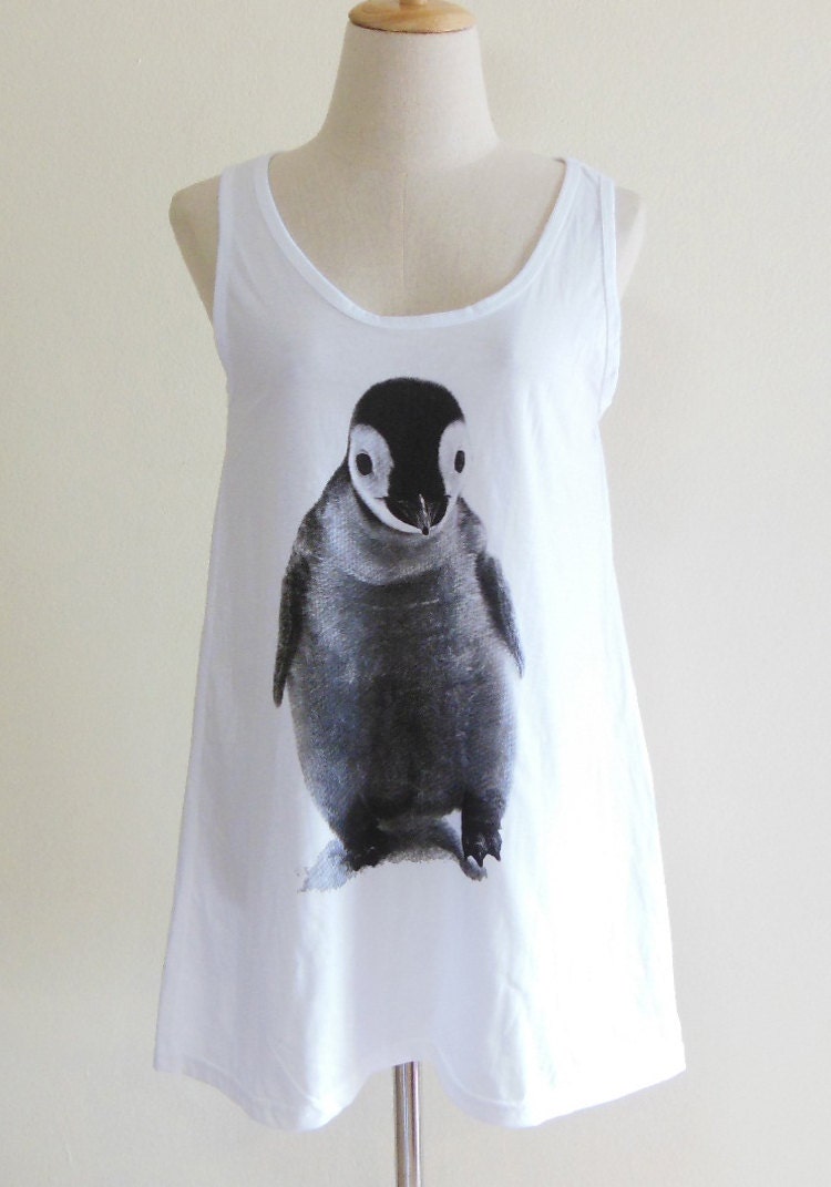 Penguin Animal Style Penguin Tank Top Women Shirt White T-Shirt Tunic Screen Print Size M