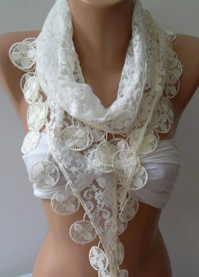 Pearl White - Elegance Shawl / Scarf with Lacy Edge,,,,