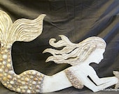 Large Hand Made Mermaid Wall Art with Shell Mosaic, starfish, seashells, mosaic