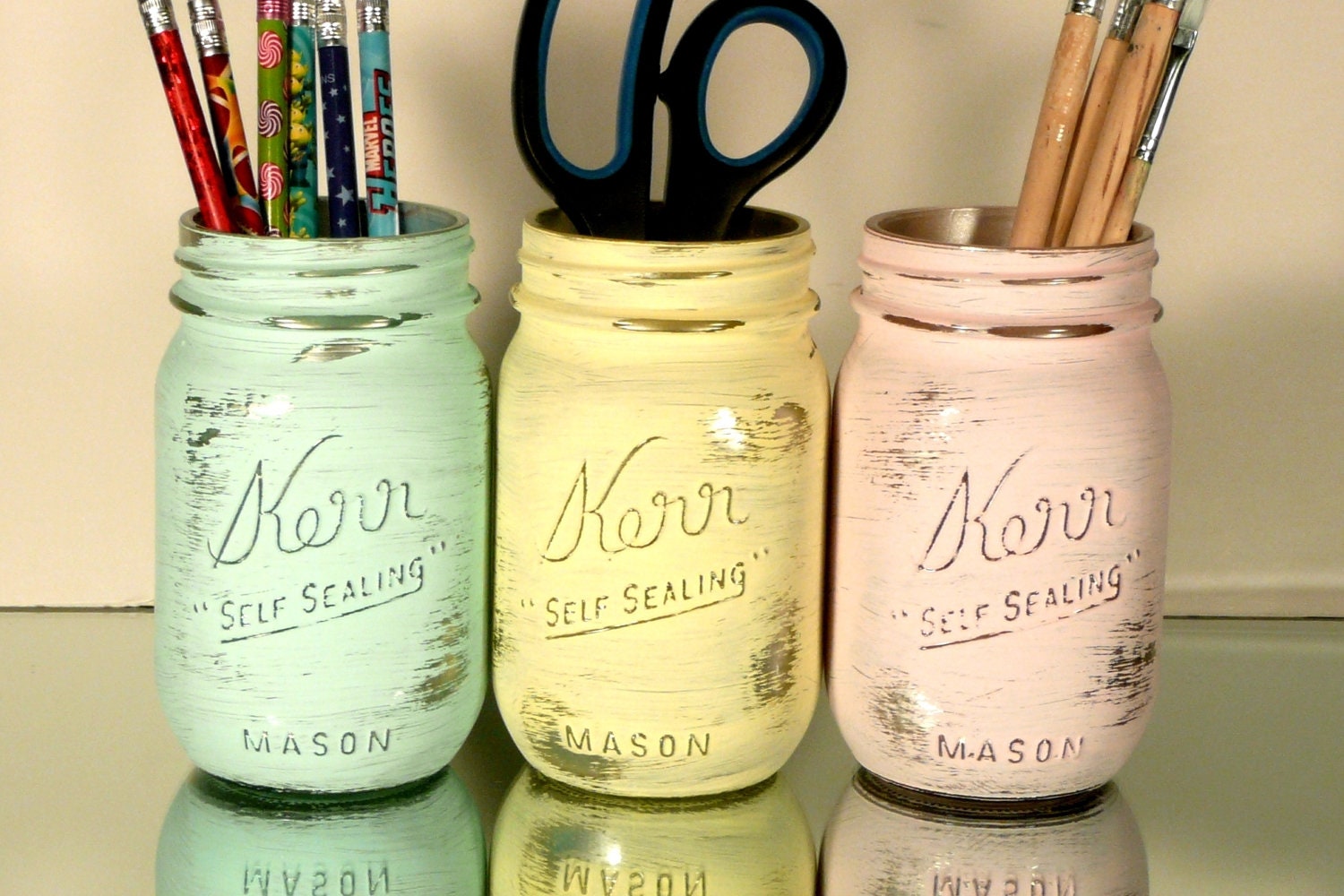 Back to School - Home, Dorm or Office Decor, Wedding - Pastel painted mason jars with silver inside