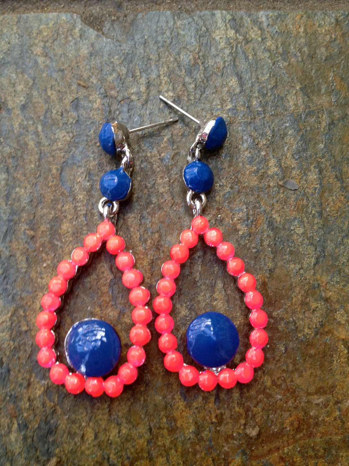 Neon Coral Chandelier Hand Painted Rhinestone Earrings