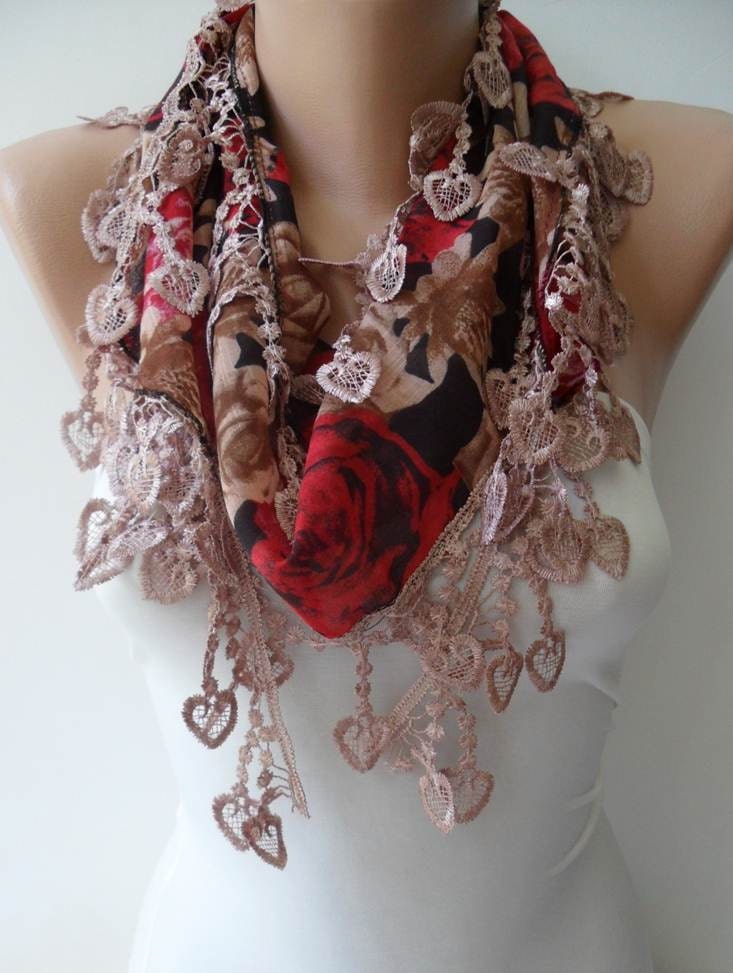 New - Light Brown and Red Scarf with Trim Edge - Summer Colors - New