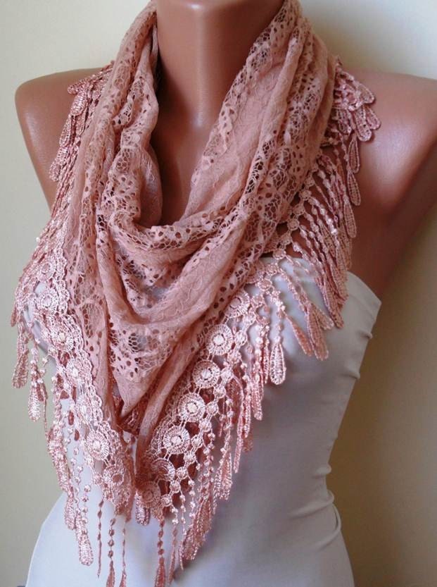 Salmon Scarf - Laced Fabric with Salmon Trim Edge - Triangle