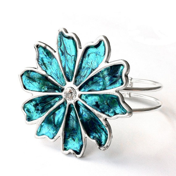 Teal Bracelet, Hinged Bangle, Teal Jewelry, Statement Jewelry, Silver Flower Bracelet, Cute Bracelet, Silver Bracelet