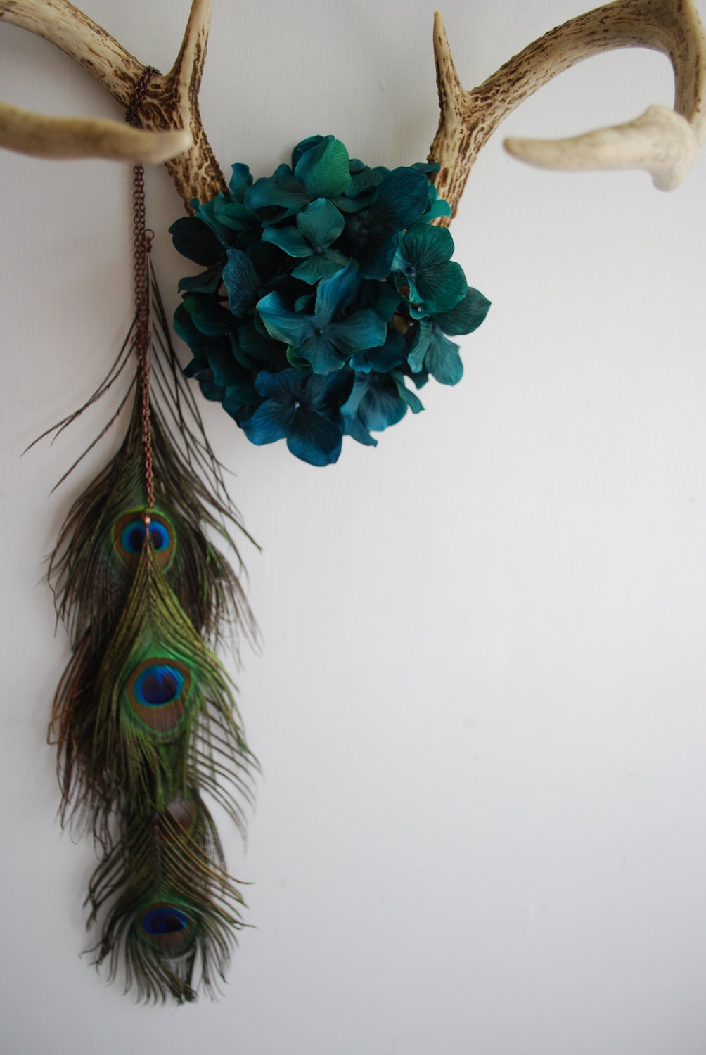 Deer Antlers with Flowers & Peacock Feathers - Wall Hanging Taxidermy 7 Point Rack Home Decor Teal Hydrangea Jewelry Necklace Holder