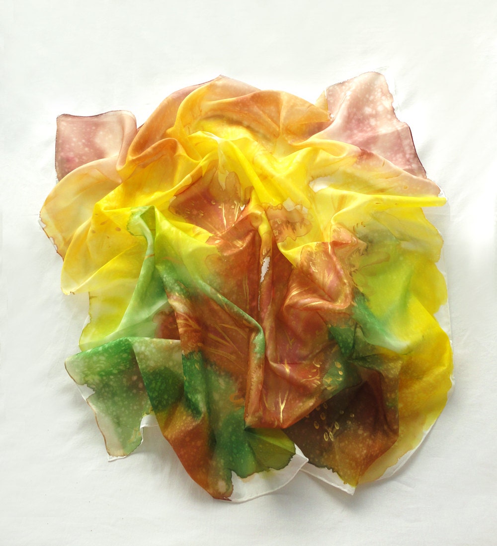 Women Art Gift. Hand Painted square Silk Scarf. Yellow, Green Silk Shawl. Handmade Floral Foulard Soie. 35x35 in. (90x90cm). Ready to Ship.