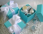 Tiffany & Co Inspired  Blue Favor Boxes 10 Piece Set Wedding Shower 2 x 2 x 2 with Lids and Ribbon